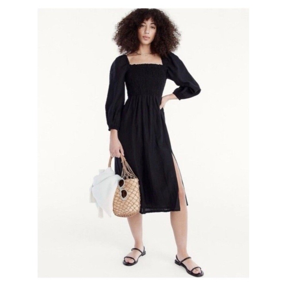 J Crew Linen Daydream Dress Midi Square Neck Smocked Puff Sleeve Boho Black Sz S
